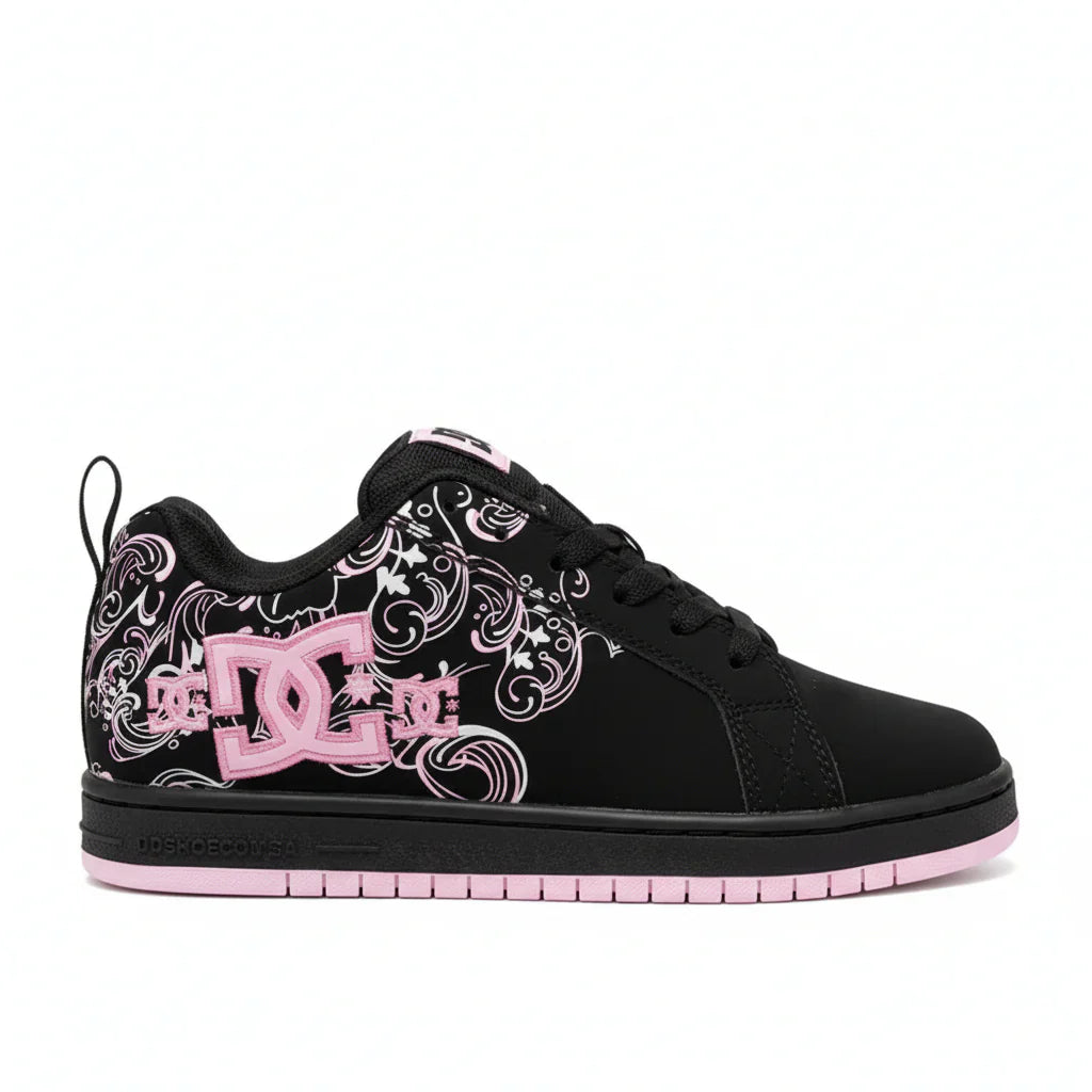 Black sneaker with pink and white design on a white background