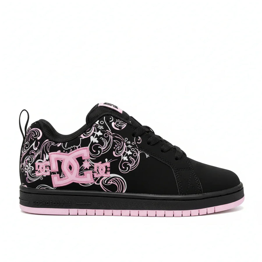 Black sneaker with pink and white design on a white background