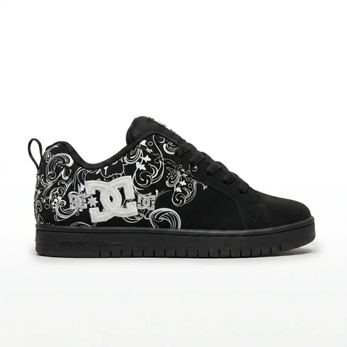 Black sneaker with white floral patterns and DC logo on a white background