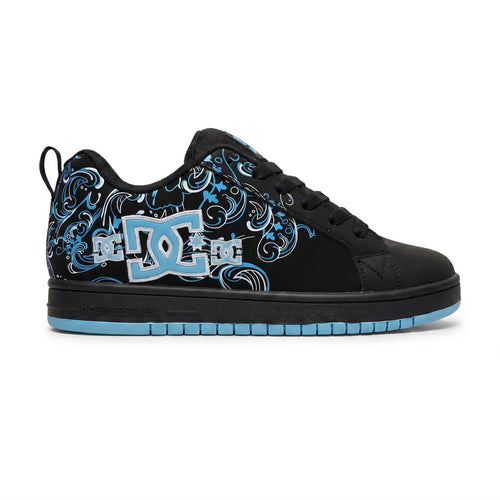 Black sneaker with blue and white patterns on a white background