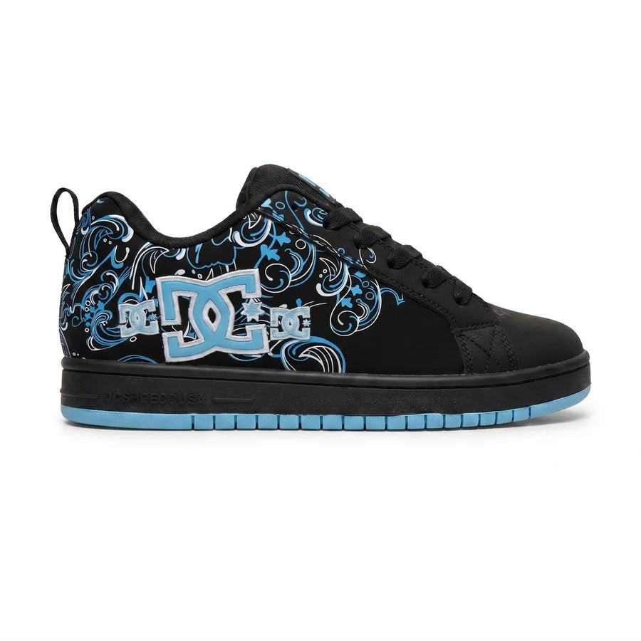 Black sneaker with blue and white patterns on a white background